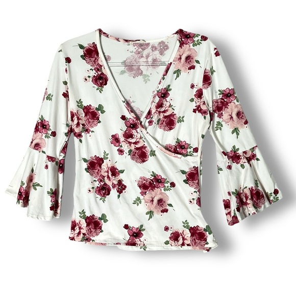Pinc Floral Wrap Top Sz XL V Neck Long Sleeve Ruffle Peony Y2K 90's Stretch - Picture 2 of 14